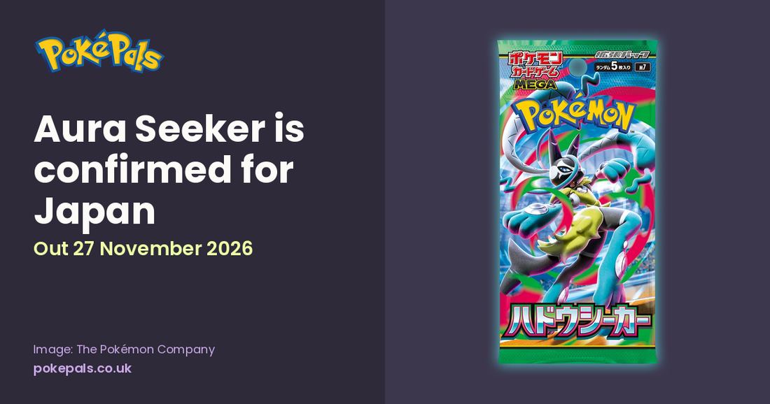 PokePals TCG News header: a Japanese Aura Seeker booster pack with Mega Lucario Z ex. Text reads: Aura Seeker is confirmed for Japan, out 27 November 2026.