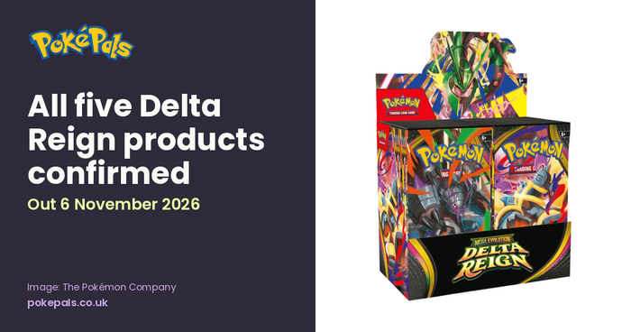 PokePals TCG News header: the Delta Reign Booster Box. Text reads: All five Delta Reign products confirmed, out 6 November 2026.