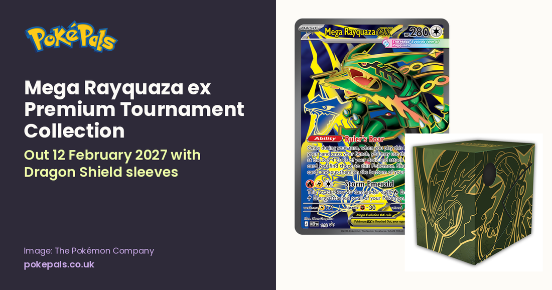 Mega Rayquaza ex promo card and green Dragon Shield deck box from the Mega Rayquaza ex Premium Tournament Collection