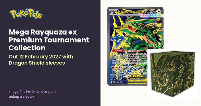 Mega Rayquaza ex promo card and green Dragon Shield deck box from the Mega Rayquaza ex Premium Tournament Collection