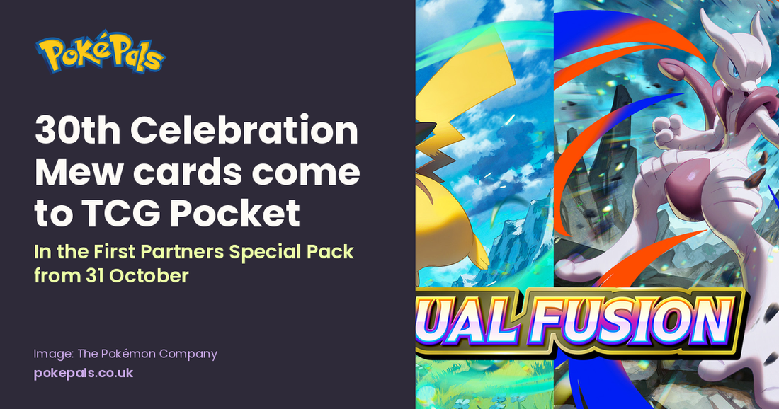 Pokémon TCG Pocket Dual Fusion artwork. 30th Celebration Mew cards come to TCG Pocket in the First Partners Special Pack from 31 October.