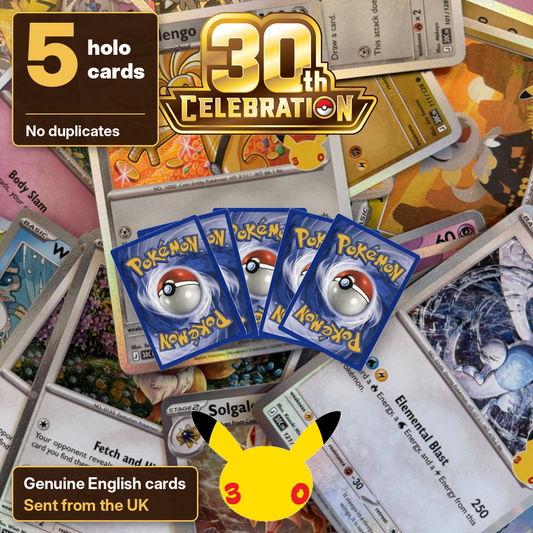 Pokémon 30th Celebration Holo Cards – 5 Genuine English 30th Anniversary Holo Pokemon TCG Cards – No Duplicates – Collector Gift – UK Seller