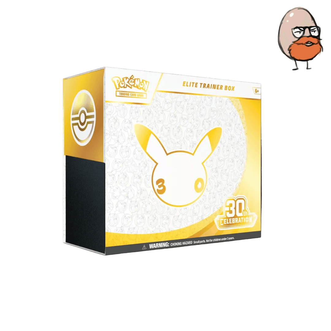Pokémon Elite Trainer Box 30th Anniversary edition packaging box, featuring a gold and white design with a Pikachu silhouette