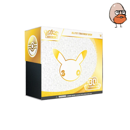 Pokémon Elite Trainer Box 30th Anniversary edition packaging box, featuring a gold and white design with a Pikachu silhouette