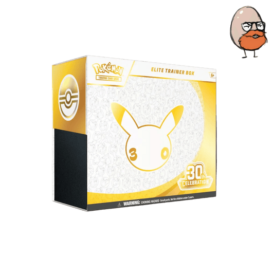 Pokémon Elite Trainer Box 30th Anniversary edition packaging box, featuring a gold and white design with a Pikachu silhouette