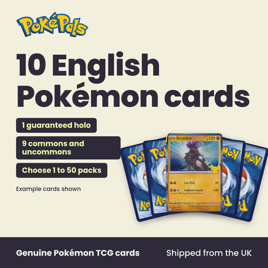 10 English Pokémon cards: 1 guaranteed holo, 9 commons and uncommons, Choose 1 to 50 packs