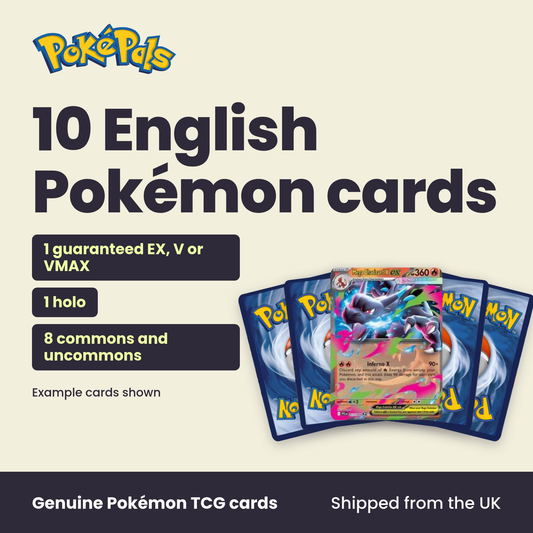 10 English Pokémon cards: 1 guaranteed EX, V or VMAX, 1 holo, 8 commons and uncommons