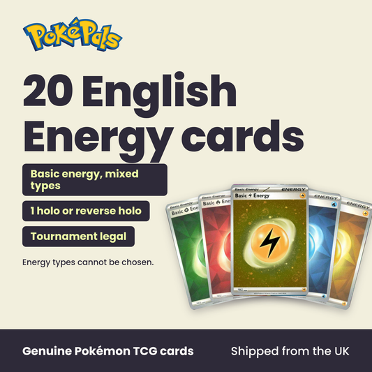 20 English Energy cards: Basic energy, mixed types, 1 holo or reverse holo, Tournament legal