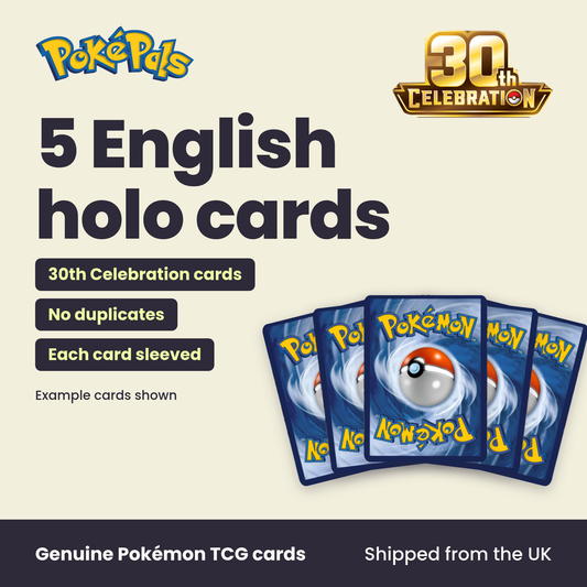 5 English holo cards: 30th Celebration cards, No duplicates, Each card sleeved