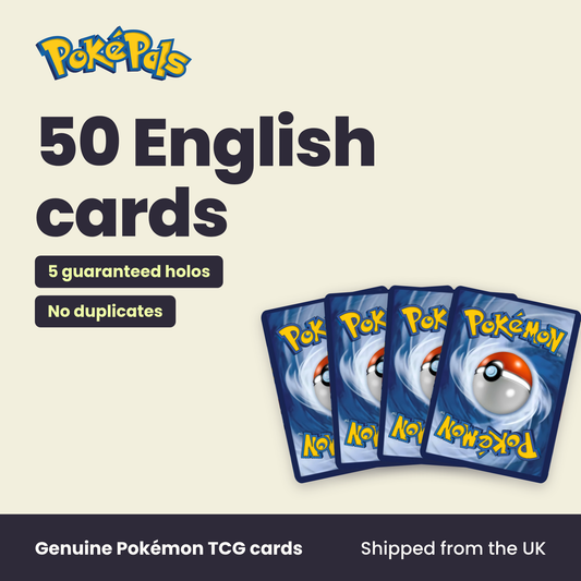 50 English cards: 5 guaranteed holos, No duplicates
