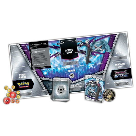 Contents of the Pokémon TCG Rival Battle Deck—Steven: playmat, damage counters, Metal Energy cards, deck box and metallic coin